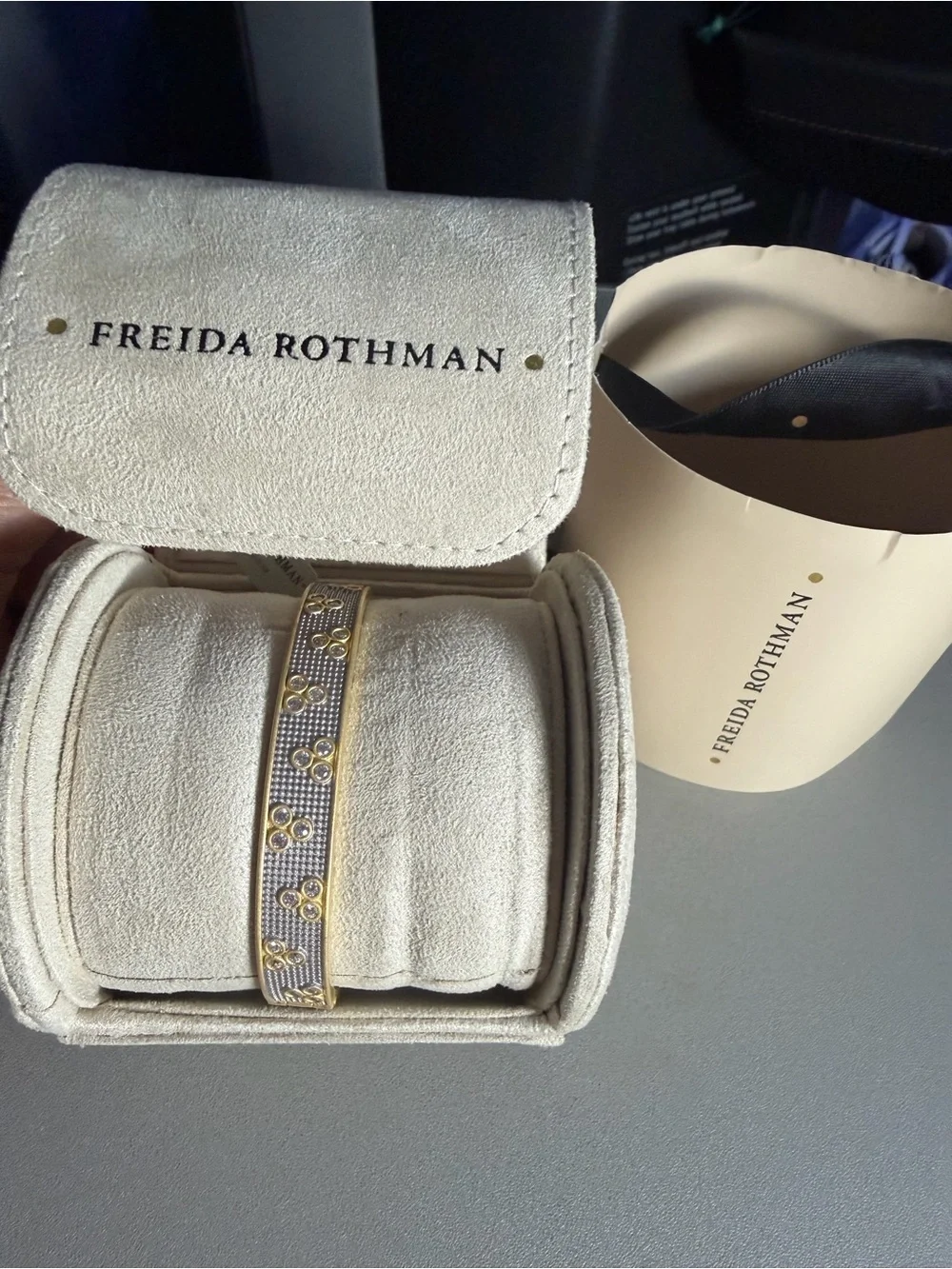 Freida Rothman Gold over Silver 925 Crystal Bangle Bracelet, NWT